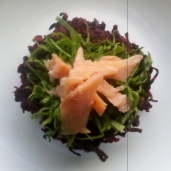 Beetroot patties with shredded sorell and smoked trout