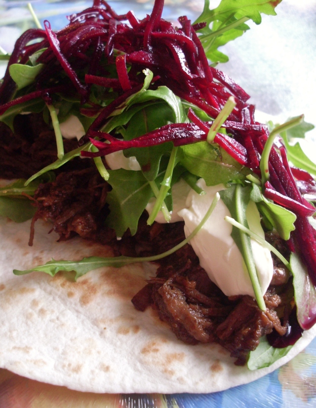 Pulled beef tacos with pickled beetroot